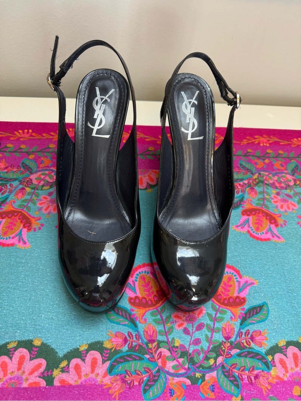 YSL Tribtoo Black Patent Platform Slingback Pumps 38.5 - Picture 2 of 15